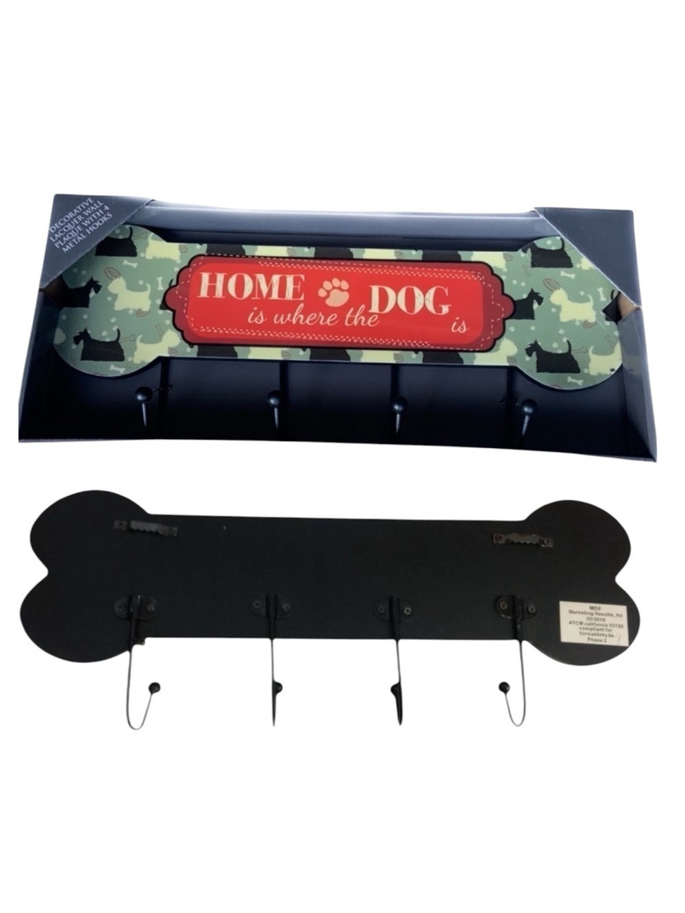 Scottie Dog Bone Shape Wall Hook Plaque Dog Leash Holder Lacquered 4 Metal Hooks